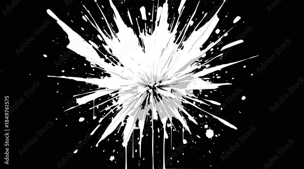 Fototapeta premium Dynamic white paint splash or ink explosion on a stark black background, creating an abstract burst pattern.