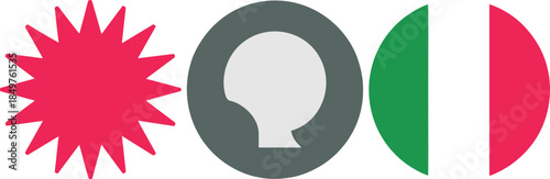 Three-Piece Vector Graphic Set Featuring a Pink Starburst, a Circular Abstract Profile Silhouette, and a Circular Green, White, and Red Italian Flag Motif.