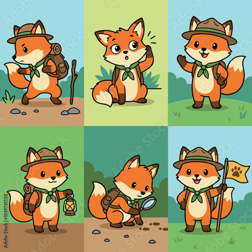 Cute cartoon fox scout characters in various outdoor activities.