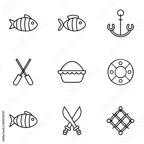 Nautical and fishing related line icons set featuring fish anchor oars pie and safety ring