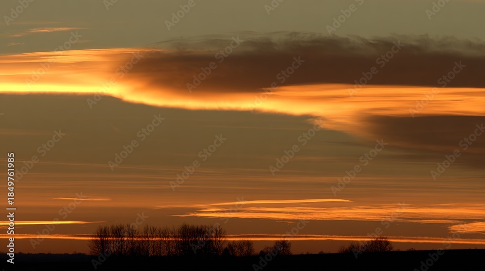 Fototapeta premium wholeness. Golden sunrise over a calm horizon, first light on clouds, serene landscape with deep blue sky. travel magazines, destination branding, designed for outdoor magazines and nature guides.