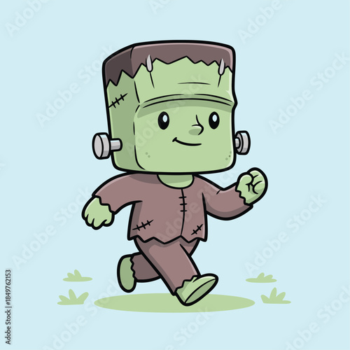 Cute cartoon Frankenstein monster running happily.