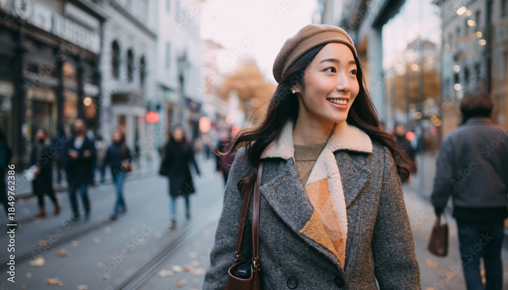 Fototapeta premium 寒い天候の中で屋外で微笑むアジア人女性