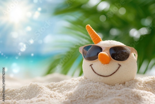 Cheerful sand snowman with sunglasses on a tropical beach