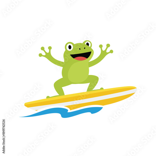 Cute cartoon frog surfing on a surfboard.