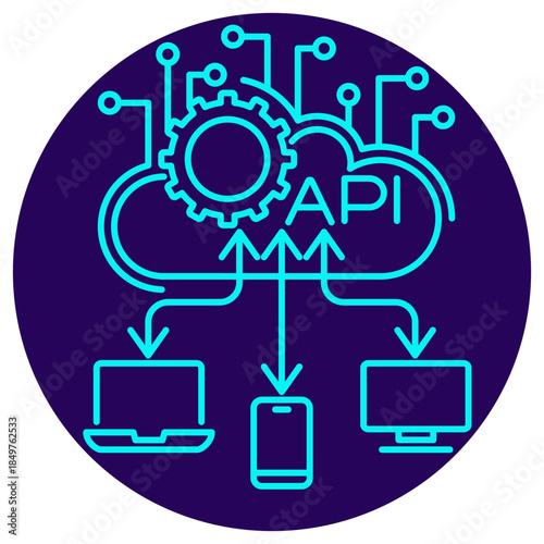 AI API Integration Icon. Minimalistic neon outline on a dark blue round background. Vector illustration of an intelligent cloud service connected to multiple devices, symbolizing seamless AIaaS