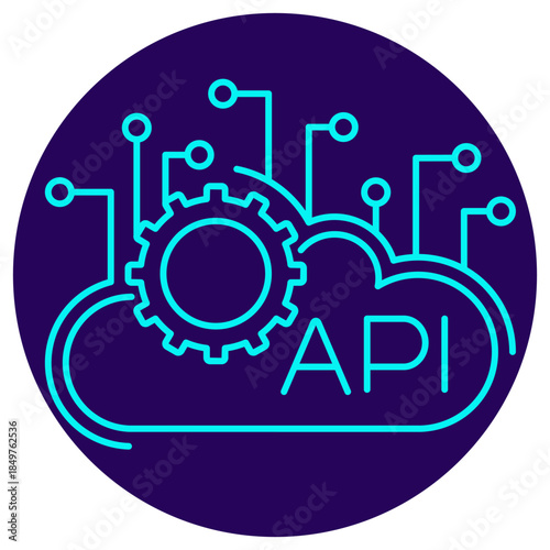 Intelligent API Icon. Minimalistic neon outline on a dark blue round background. Vector illustration of an API key within a cloud, connected to a processing gear and circuit