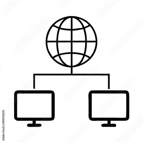 Simple black and white network diagram showing global internet connection linking two desktop computers