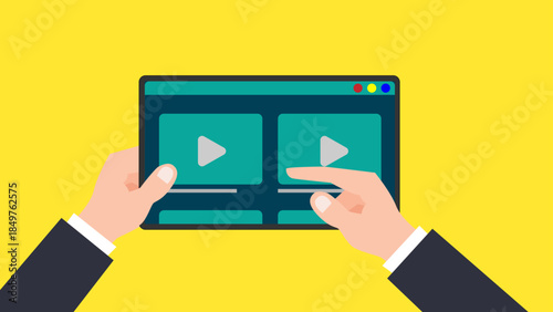 Flat Vector Illustration of Hands Holding Tablet with Video Gallery Interface