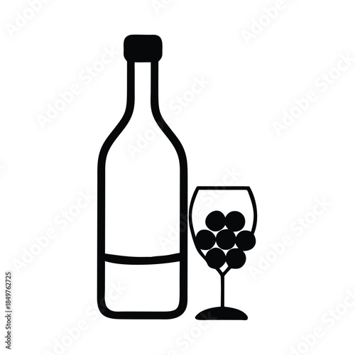 Simple black and white icon representing a wine bottle next to a glass filled with grapes