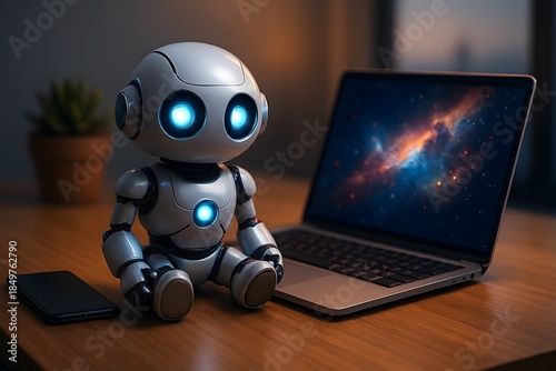 Cute robot interacting with laptop and smartphone on wooden desk