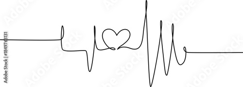 One continuous line Art drawing of hand drawing human heart beat pulse graph image on whiteboard. with white background, Continuous line drawing vector illustration of a heartbeat and heart shape