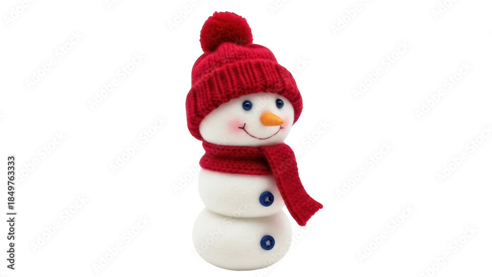 Fototapeta premium Isolated snowman with red hat and scarf on light background, cute, cheerful holiday character