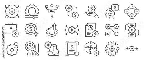 Business automation workflow icon set. It includes ai, chart, marketing, finance, process, smart, and more icons. Editable Vector Stroke.