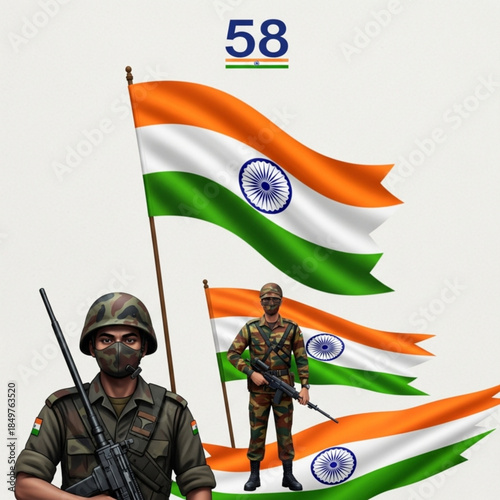 Guardians of the Nation: Indian soldiers stand tall and proud, safeguarding the national flag against the backdrop of vibrant independence day. 