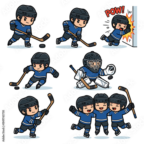 Photography Cute cartoon ice hockey players in various action poses.