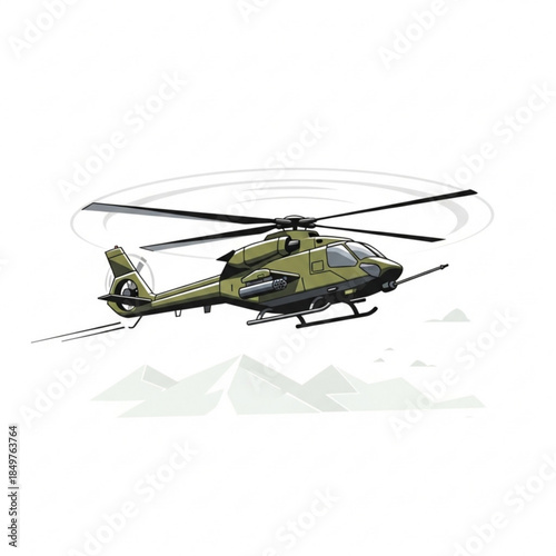 Military Helicopter Ascending: The image portrays a modern military helicopter soaring with precision against a backdrop of mountainous terrain.