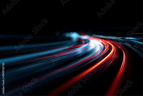 Futuristic neon laser streaks form lines along dark city road at night. Motion trails glow with energy, speed, light, showing swirling traffic, dynamic acceleration in every path. Vector illustration.