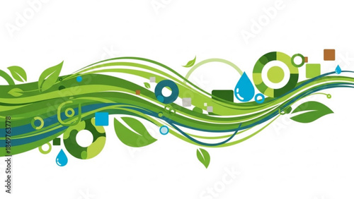 Eco friendly green wave with leaves and water droplets on white background, sustainability concept with blue and green swirls