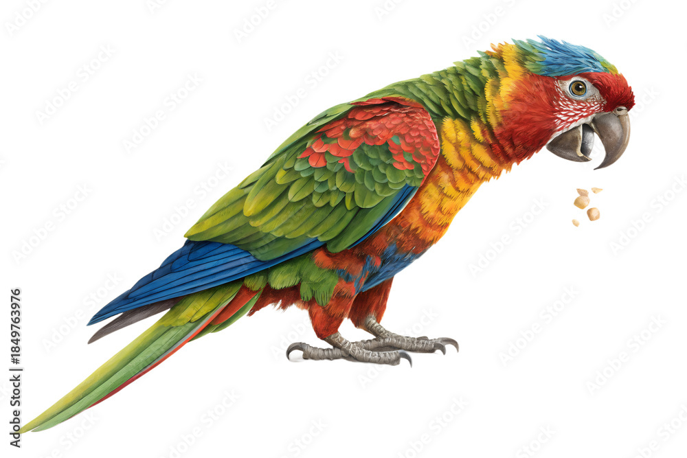 Obraz premium Bright colorful parrot eating fresh fruit. Realistic exotic pet scene showing healthy nutrition and natural behavior. Isolated on transparent background, PNG.