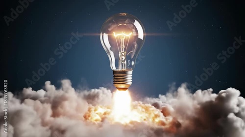 Light bulb rocket launching through cloud with glowing filament suggesting creative idea innovation and glowing light bulb rising