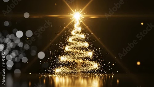 Golden sparkling christmas tree with glowing star and bokeh lights, festive warm holiday glow and magical sparkle swirl spiral