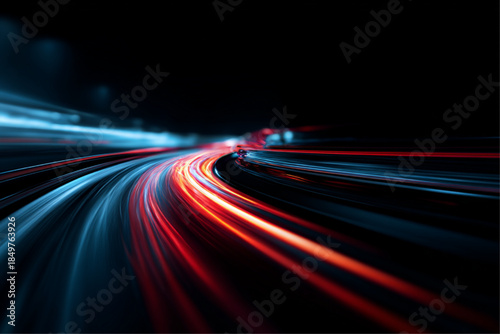 Neon laser lines swirl along futuristic city road at night. Glowing trails trace motion, speed, energy, light, highlighting traffic flow. Dynamic line patterns create high-tech acceleration vector.