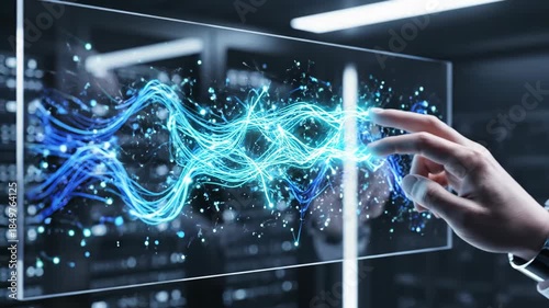Hand touchscreen interaction with glowing data wave conveying futuristic connectivity and dynamic energy futuristic hand touching