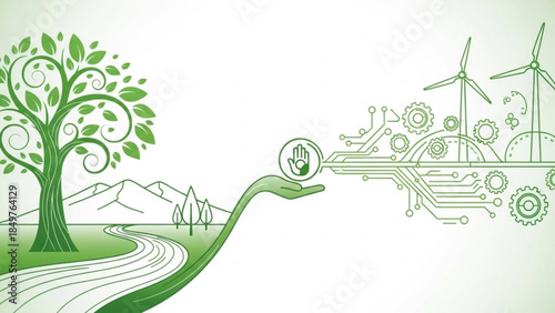 A green hand holds a circular symbol with a hand inside, connecting a tree with swirly leaves on a winding road to a circuit board with gears and wind turbines