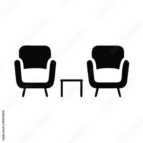 Simple black and white icon representing two armchairs and a small table for seating arrangements