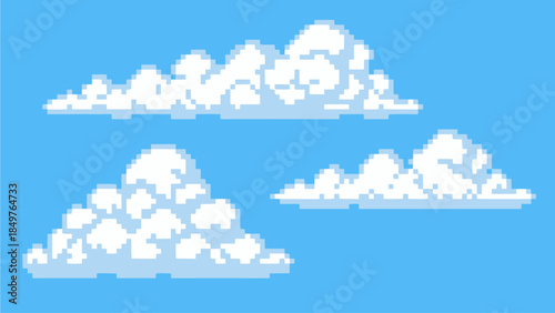 A trio of nostalgic, pixel-art clouds drifts across a vibrant blue sky, featuring blocky white highlights and soft grey shading that evoke the charm of classic 8-bit video game backgrounds