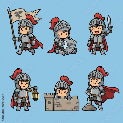Cute Cartoon Knights in Various Poses.