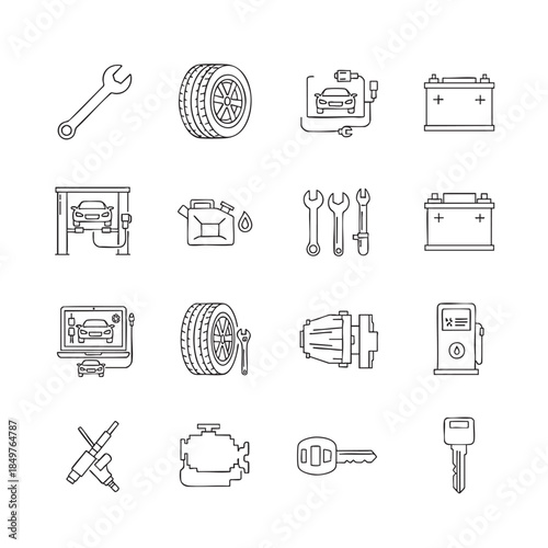 Automotive Repair and Maintenance Line Icons Isolated on Transparent Background