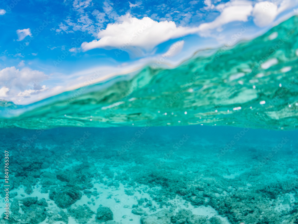 Naklejka premium 嘉比島の美しい白砂ビーチの半水面撮影。 美しいサンゴ礁と熱帯魚の群れ。 嘉比島沖縄県 島尻郡慶良間諸島座間味島-2025 沖縄本島から40km西方の諸島。30以上の島嶼群全体が国立公園に指定。珊瑚礁の青い海と白い砂浜は世界屈指の美。貴重な動植物が多数生息。
