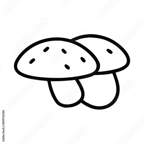 Simple black and white outline drawing of two cute spotted mushrooms in a minimalist style