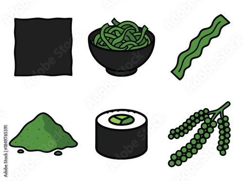 Seaweed and Sushi Ingredients Illustration Set.