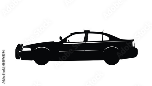 Police car silhouette, side view, against , black shadow isolated on white background