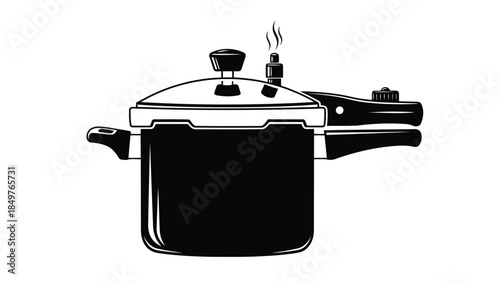 Black silhouette of a pressure cooker with steam on a isolated on white background