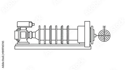 Detailed line drawing of industrial machinery with motor and cylindrical components on a isolated on white background