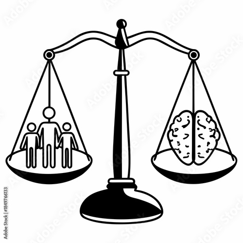balancing human rights and mental health concept, scales of justice with people icons and human brain illustration
