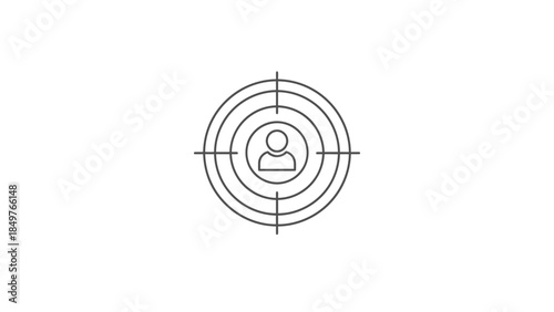 Simple black and white line icon representing a person centered perfectly within a crosshair target symbolizing audience focus and marketing objectives