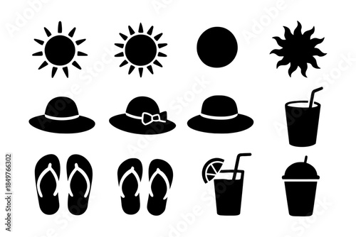 Summer icons: sun, hats, flip-flops, beverages for beach and vacation themes.
