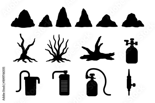 Aquarium decor and equipment silhouettes: rocks, trees, and filters.