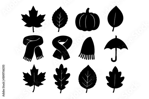 Autumn symbols: leaves, pumpkin, scarf, hat, and umbrella silhouettes.