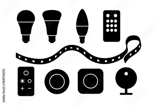 Smart home icons: bulbs, remote, camera, film strip, controls.