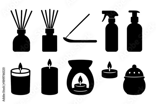 Aromatherapy icon set: candles, diffusers, incense, sprays, oil burners.