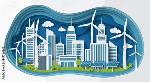 Modern city skyline with wind turbines and solar panels in a paper-cut art style, representing sustainable and green energy.