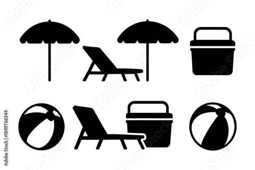 Beach essentials icons: umbrella, lounger, cooler, beach ball silhouettes.