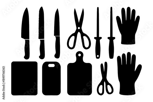 Silhouette of kitchen tools: knives, scissors, cutting boards, gloves.