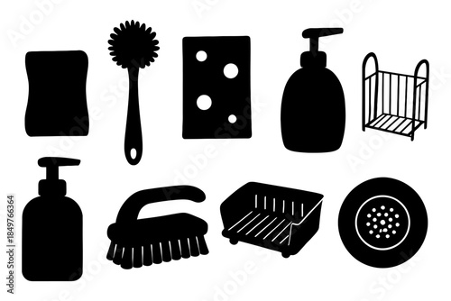 Silhouette collection of kitchen cleaning tools on white background.